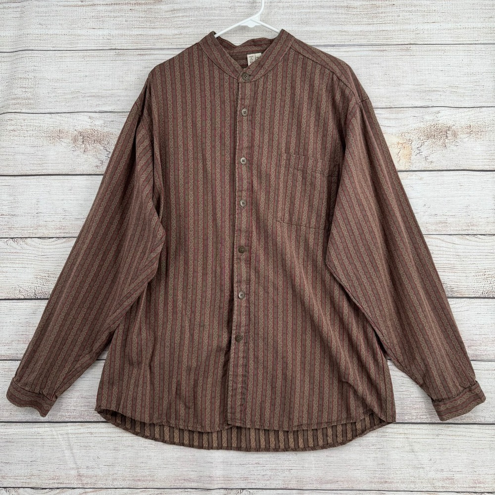 Wah Maker Frontier Shirt Mens XL Brown Striped Band Collar Western
